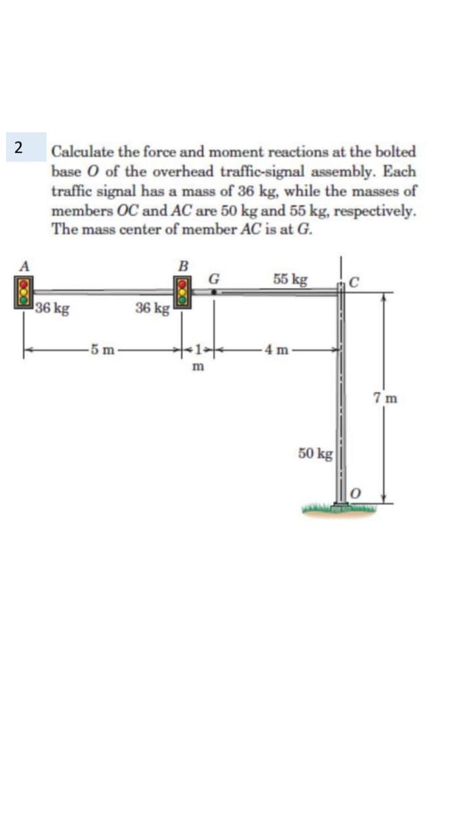 Calculate the force and moment reactions at the bolted
base O of the overhead traffic-signal assembly. Each
traffic signal has a mass of 36 kg, while the masses of
members OC and AC are 50 kg and 55 kg, respectively.
The mass center of member AC is at G.
G
55 kg
C
36 kg
36 kg
5 m
m
7 m
50 kg
