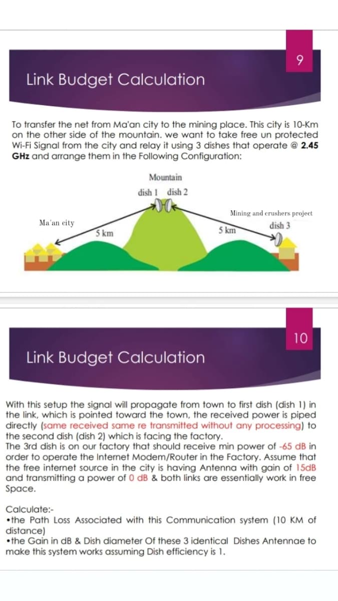 Link Budget Calculation
9
To transfer the net from Ma'an city to the mining place. This city is 10-km
on the other side of the mountain. we want to take free un protected
Wi-Fi Signal from the city and relay it using 3 dishes that operate @ 2.45
GHz and arrange them in the Following Configuration:
Ma'an city
5 km
Mountain
dish 1 dish 2
Link Budget Calculation
Mining and crushers project
dish 3
5 km
10
With this setup the signal will propagate from town to first dish (dish 1) in
the link, which is pointed toward the town, the received power is piped
directly (same received same re transmitted without any processing) to
the second dish (dish 2) which is facing the factory.
The 3rd dish is on our factory that should receive min power of -65 dB in
order to operate the Internet Modem/Router in the Factory. Assume that
the free internet source in the city is having Antenna with gain of 15dB
and transmitting a power of 0 dB & both links are essentially work in free
Space.
Calculate:-
the Path Loss Associated with this Communication system (10 KM of
distance)
the Gain in dB & Dish diameter Of these 3 identical Dishes Antennae to
make this system works assuming Dish efficiency is 1.