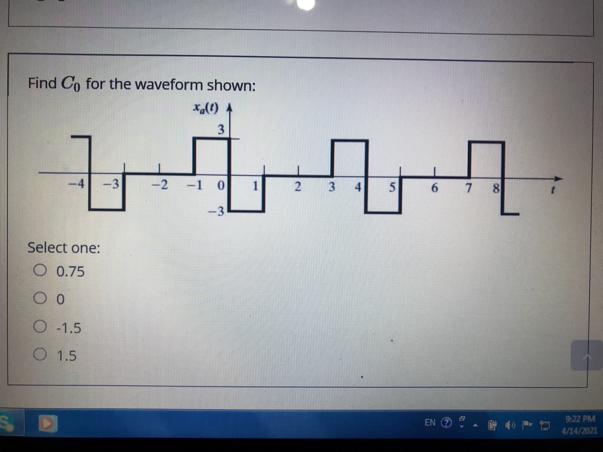 Find Co for the waveform shown:
-4
-3
-2
-1
1
3
6.
8
-3
Select one:
O 0.75
O -1.5
O 1.5
9:22 PM
EN
4/14/2021
