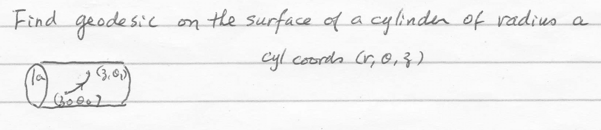 Find geodesic
on the surface ofa cylinden of radius a
cyl coords Cr, ,3)
