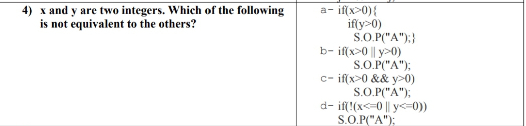 a- if(x>0){
if(y>0)
S.O.P("A");}
b- if(x>0 || y>0)
S.O.P("A");
c- if(x>0 && y>0)
S.O.P("A");
d- if(!(x<=0 || y<=0))
S.O.P("A");
4) x and y are two integers. Which of the following
is not equivalent to the others?
