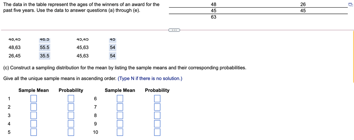 The data in the table represent the ages of the winners of an award for the
past five years. Use the data to answer questions (a) through (e).
48
26
45
45
63
...
4ర,45
46.5
45,45
45
48,63
55.5
45,63
54
26,45
35.5
45,63
54
(c) Construct a sampling distribution for the mean by listing the sample means and their corresponding probabilities.
Give all the unique sample means in ascending order. (Type N if there is no solution.)
Sample Mean
Probability
Sample Mean
Probability
1
2
7
4
5
10
