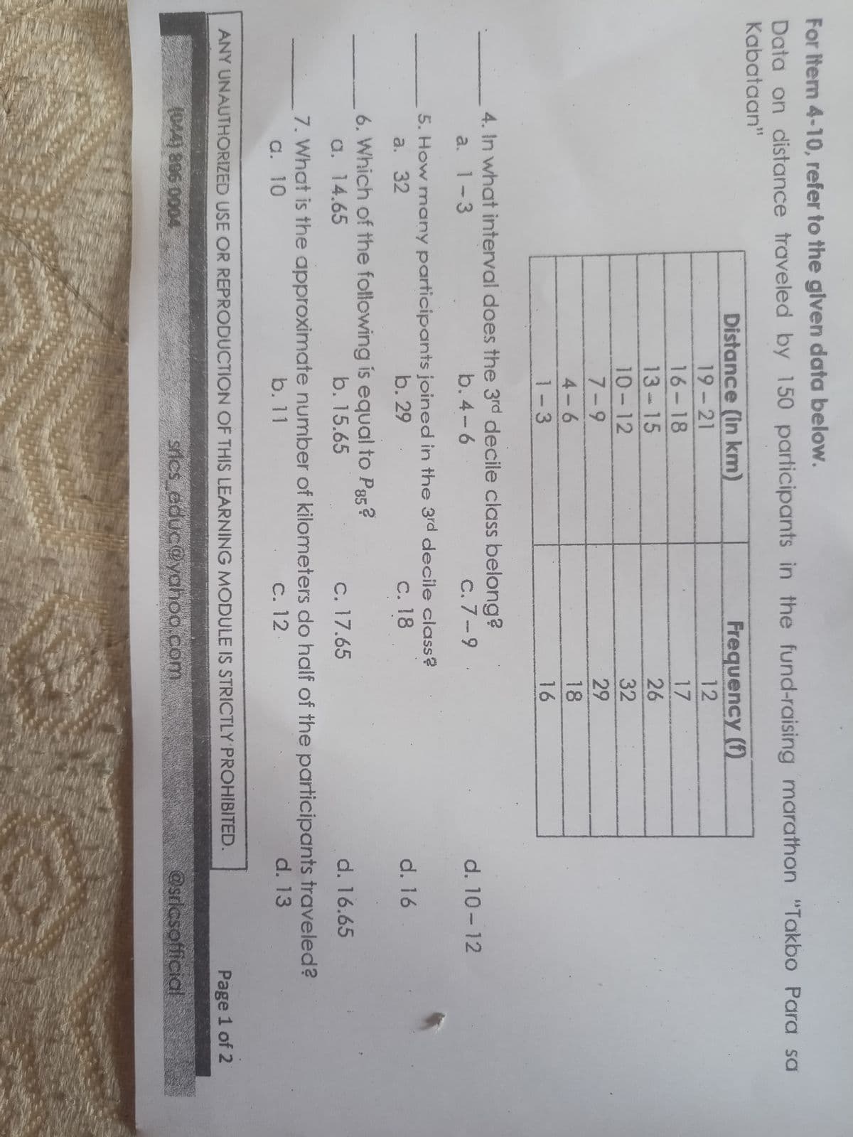 For Item 4-10, refer to the given data below.
Data on distance traveled by 150 participants in the fund-raising marathon "Takbo Para sa
Kabataan"
Distance (in km)
Frequency (f)
19-21
12
16-18
17
13-15
26
10-12
32
7-9
29
4-6
18
1-3
16
4. In what interval does the 3rd decile class belong?
a. 1-3
b. 4-6
c. 7-9
d. 10-12
5. How many participants joined in the 3rd decile class?
a. 32
b. 29
c. 18
d. 16
6. Which of the following is equal to P85?
a. 14.65
b. 15.65
c. 17.65
d. 16.65
7. What is the approximate number of kilometers do half of the participants traveled?
a. 10
b.11
c. 12.
d. 13
ANY UNAUTHORIZED USE OR REPRODUCTION OF THIS LEARNING MODULE IS STRICTLY PROHIBITED.
Page 1 of 2
(044) 886 0004
sfies éduc@yahoo.com
@sricsofficial