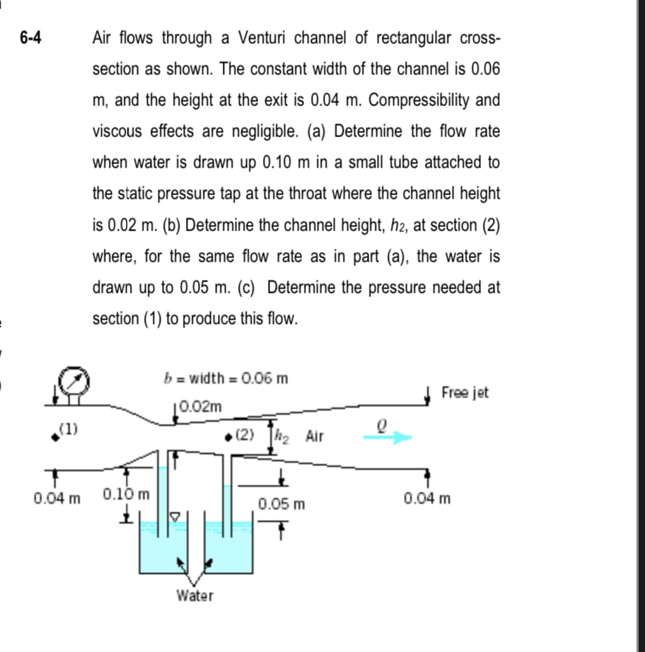 6-4
(1)
Air flows through a Venturi channel of rectangular cross-
section as shown. The constant width of the channel is 0.06
m, and the height at the exit is 0.04 m. Compressibility and
viscous effects are negligible. (a) Determine the flow rate
when water is drawn up 0.10 m in a small tube attached to
the static pressure tap at the throat where the channel height
is 0.02 m. (b) Determine the channel height, h2, at section (2)
where, for the same flow rate as in part (a), the water is
drawn up to 0.05 m. (c) Determine the pressure needed at
section (1) to produce this flow.
0.04 m 0.10 m
b = width = 0.06 m
10.02m
Water
(2) ₂ Air
0.05 m
Q
Free jet
0.04 m