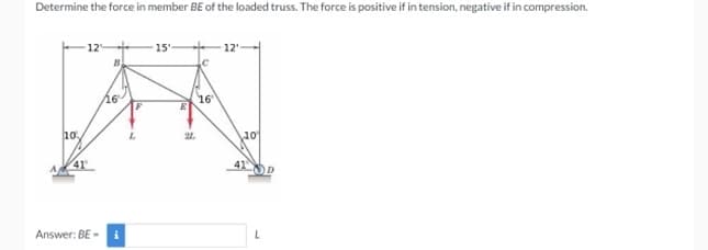 Determine the force in member BE of the loaded truss. The force is positive if in tension, negative if in compression.
12
15'
12'
B.
16
16
10
10
24.
41
Answer: BE - i
