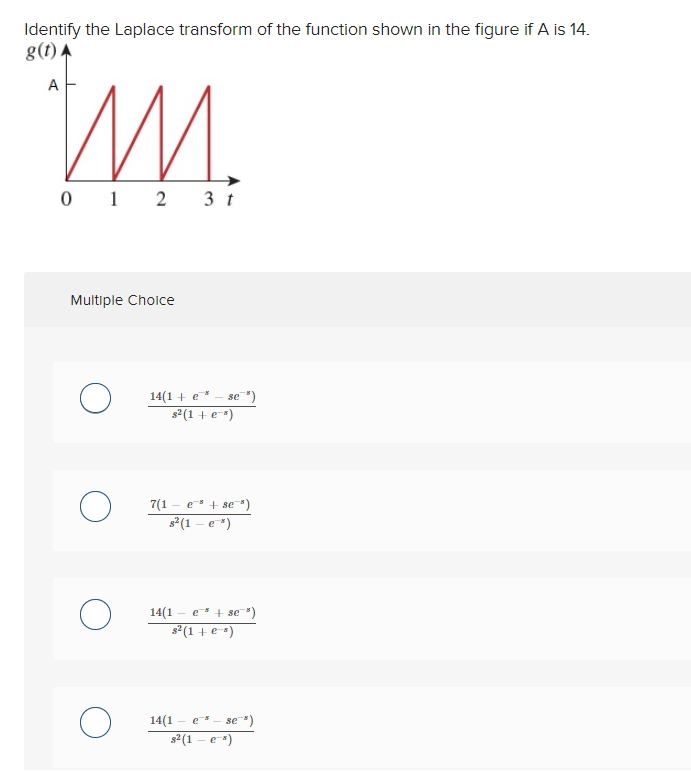 Identify the Laplace transform of the function shown in the figure if A is 14.
g(t) A
A
M.
0 1 2 3 t
Multiple Choice
о
O
O
14(1 + e* -se")
s²(1 + e^^)
7(1-e* + se ³)
s²(1 - e *)
14(1 e+se)
s²(1 + e-³)
14(1 - e™* - se *)
8² (1 e)