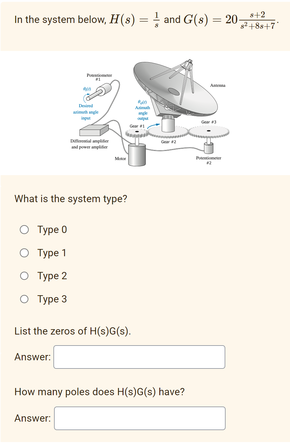 In the system below, H(s)
О Туре 0
O
Type 1
O
Type 2
O Type 3
Potentiometer
#1
Answer:
0;(1)
Desired
azimuth angle
input
What is the system type?
Answer:
Differential amplifier
and power amplifier
Motor
List the zeros of H(s)G(s).
=
00(t)
Azimuth
angle
output
Gear #1
and G(s) = 20 s²+8s+7
s+2
T
Gear #2
How many poles does H(s)G(s) have?
Antenna
Gear #3
Potentiometer
#2