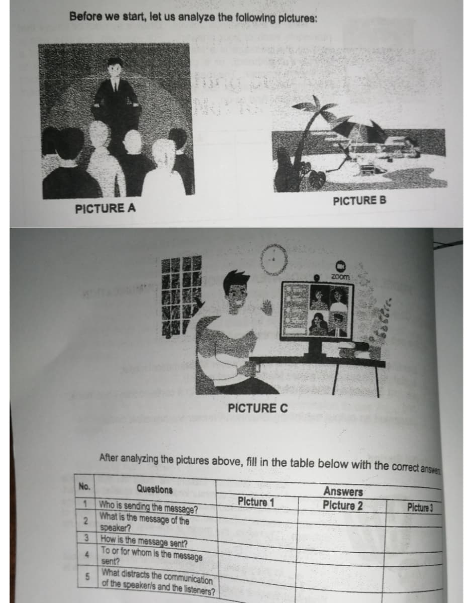 Before we start, let us analyze the following plctures:
PICTURE B
PICTURE A
Zoom
PICTURE C
After analyzing the pictures above, fill in the table below with the correct answen
Answers
Plcture 2
No.
Questions
Plcture 1
Picture 3
1
Who is sending the message?
What is the message of the
speaker?
How is the message sent?
To or for whom is the message
4.
sent?
What distracts the communication
of the speaker/s and the listeners?
