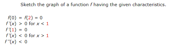 Sketch the graph of a function f having the given characteristics.
f(0)
=
f(2) = 0
f'(x) > 0 for x < 1
f'(1) = 0
f'(x) < 0 for x > 1
f'(x) < 0