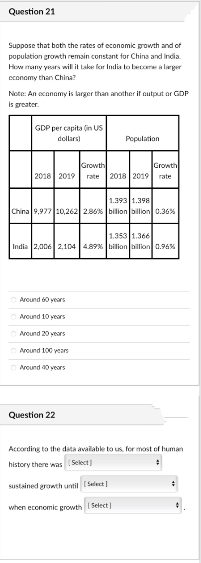 Question 21
Suppose that both the rates of economic growth and of
population growth remain constant for China and India.
How many years will it take for India to become a larger
economy than China?
Note: An economy is larger than another if output or GDP
is greater.
GDP per capita (in US
dollars)
Population
Growth
Growth
2018 2019
rate
2018 | 2019
rate
1.393 1.398
China 9,97710,262 2.86% billion billion 0.36%
1.353 1.366
India 2,006 2,104 | 4.89% billion billion 0.96%
Around 60 years
Around 10 years
Around 20 years
O Around 100 years
O Around 40 years
Question 22
According to the data available to us, for most of human
history there was
[ Select]
sustained growth until (Select ]
when economic growth [Select]
