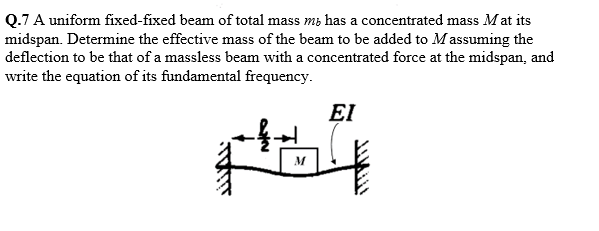 Q.7 A uniform fixed-fixed beam of total mass ms has a concentrated mass M at its
midspan. Determine the effective mass of the beam to be added to Massuming the
deflection to be that of a massless beam with a concentrated force at the midspan, and
write the equation of its fundamental frequency.
EI
