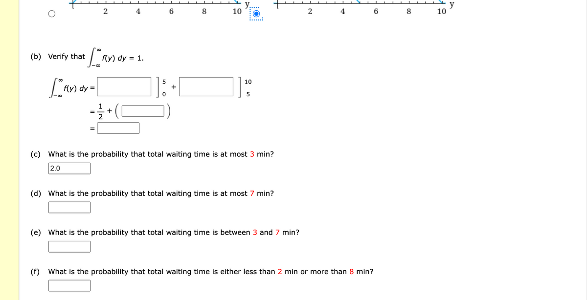 (b) Verify that
[ FLY
-∞
2
[ F(X)
f(y) dy =
f(y) dy = 1.
= = 1/2 + (
0
6 8
+
10
y..
105
(c) What is the probability that total waiting time is at most 3 min?
2.0
(d) What is the probability that total waiting time is at most 7 min?
(e) What is the probability that total waiting time is between 3 and 7 min?
2
4
(f) What is the probability that total waiting time is either less than 2 min or more than 8 min?
6 8
10
y