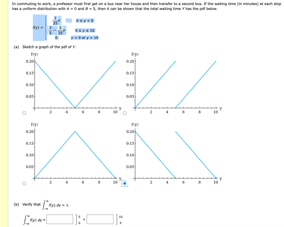 In commuting to work, a professor must first get on a bus near her house and then transfer to a second bus. If the waiting time (in minutes) at each stop
5, then it can be shown that the total waiting time Y has the pdf below.
has a uniform distribution with A = 0 and B
=
f(y)
f(y)
0.20
0.15
0.10
(a) Sketch a graph of the pdf of Y.
0.05
f(y)
f(y)
0.20
0.15
VV
0.10
0.05
y
10
0.20
0.15
0.10
0.05
2
(b) Verify that
["anor=[
f(y) dy =
1
25
2
-
2
0
+ [ f(y)
1
25
4
4
0 ≤ y ≤ 5
5 ≤ y ≤ 10
y <0 or y> 10
f(y) dy = 1.
5
0
6
6
+
8
co
8
10
10
5
f(y)
0.20
0.15
0.10
0.05
2
2
4
4
6
8
6 8
y
10
10
y