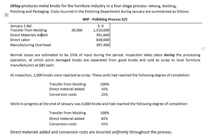 Ottoy produces metal knobs for the furniture industry in a four-stage process -Mixing, Molding,
Polishing and Packaging. Costs incurred in the Polishing Department during January are summarized as follows:
WIP - Polishing Process A/C
January 1 Bal.
Transfer from Molding
Direct Materials Added
$0
1,310,000
391,600
638,000
307,400|
20,000
Direct Labor
Manufacturing Overhead
Normal losses are estimated to be 2%% of input during the period. Inspection takes place during the processing
operation, at which point damaged knobs are separated from good knobs and sold as scrap to local furniture
manufacturers at $85 each.
At inspection, 2,000 knobs were rejected as scrap. These units had reached the following degree of completion:
Transfer from Molding
100%
Direct material added
40%
Conversion costs
20%
Work-in-progress at the end of January was 4,000 Knobs and had reached the following degree of completion:
Transfer from Molding
100%
Direct material added
80%
Conversion costs
50%
Direct materials added and conversion costs are incurred uniformly throughout the process.
