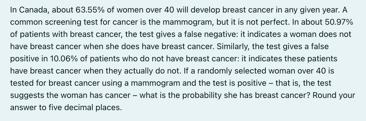 In Canada, about 63.55% of women over 40 will develop breast cancer in any given year. A
common screening test for cancer is the mammogram, but it is not perfect. In about 50.97%
of patients with breast cancer, the test gives a false negative: it indicates a woman does not
have breast cancer when she does have breast cancer. Similarly, the test gives a false
positive in 10.06% of patients who do not have breast cancer: it indicates these patients
have breast cancer when they actually do not. If a randomly selected woman over 40 is
tested for breast cancer using a mammogram and the test is positive that is, the test
suggests the woman has cancer - what is the probability she has breast cancer? Round your
answer to five decimal places.