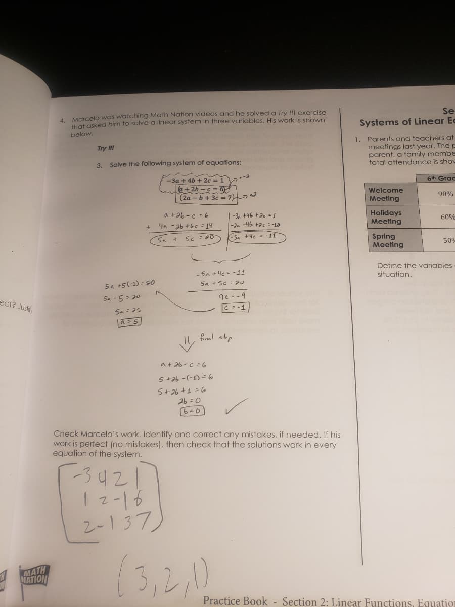 Marcelo was watching Math Nation videos and he solved a Try It! exercise
4.
Se
that asked him to solve a linear system in three variables. His work is shown
Systems of Linear Ec
below.
1. Parents and teachers at
meetings last year. The E
parent, a family membe
total attendance is sho
Try It!
3.
Solve the following system of equations:
6th Grac
-3a+ 4b + 2c = 12
le+2b-c = 6)
(2a - b+ 3c = 7)
Welcome
90%
Meeting
a +26 -c =6
AT= 2り+ 9ピ- vh
-34 +46 +de = 1
-Ja -46 +2c : -1a
Holidays
Meeting
60%
Spring
Meeting
Sa + 5c = 20
- Sa +4e = -11
509
Define the variables
situation.
- 5a + le = -11
5a + Sc = 20
5a +5l-1) :20
ect? Justify
Sa -5- 20
C --1
Sa = 25
La=5
fioal step
a+ 3b-c = 6
5+ab -(-1) -6
5+26+1 =6
26 =0
[6=0
Check Marcelo's work. Identify and correct any mistakes, if needed. If his
work is perfect (no mistakes), then check that the solutions work in every
equation of the system.
-3421
I z-16
2-137)
(3,2,1)
MATH
NATION
Practice Book - Section 2: Linear Functions, Eguation
