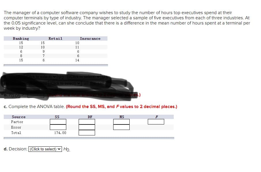 The manager of a computer software company wishes to study the number of hours top executives spend at their
computer terminals by type of industry. The manager selected a sample of five executives from each of three industries. At
the 0.05 significance level, can she conclude that there is a difference in the mean number of hours spent at a terminal per
week by industry?
Banking
Retail
Insur ance
15
15
10
12
10
11
9
6.
8.
6
15
6
14
to select) v 2 (Click to select)
Click to select) V all the same
b. FO 05
nd the indl Gr
places.)
c. Complete the ANOVA table. (Round the SS, MS, and Fvalues to 2 decimal places.)
Source
SS
DF
MS
Factor
Error
Total
174.00
d. Decision: (Click to select)
Но.
