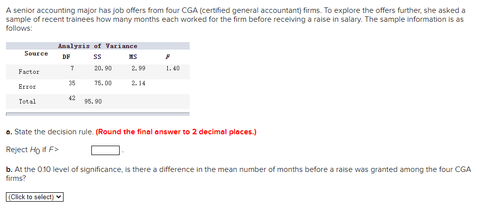 A senior accounting major has job offers from four CGA (certified general accountant) firms. To explore the offers further, she asked a
sample of recent trainees how many months each worked for the firm before receiving a raise in salary. The sample information is as
follows:
Analysis of Variance
Source
DF
SS
MS
7
20. 90
2.99
1. 40
Factor
35
75. 00
2.14
Error
42
Total
95. 90
a. State the decision rule. (Round the final answer to 2 decimal places.)
Reject Ho if F>
b. At the 0.10 level of significance, is there a difference in the mean number of months before a raise was granted among the four CGA
firms?
|(Click to select) v
