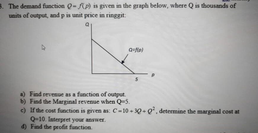 3. The demand function Q= f(p) is given in the graph below, where Q is thousands of
units of output, and p is unit price in ringgit:
Q
Q=f(p)
a) Find revenue as a function of output.
b) Find the Marginal revenue when Q=5.
c) If the cost function is given as: C=10 +3Q+Q', determine the marginal cost at
Q=10. Interpret your answer.
d) Find the profit function.
