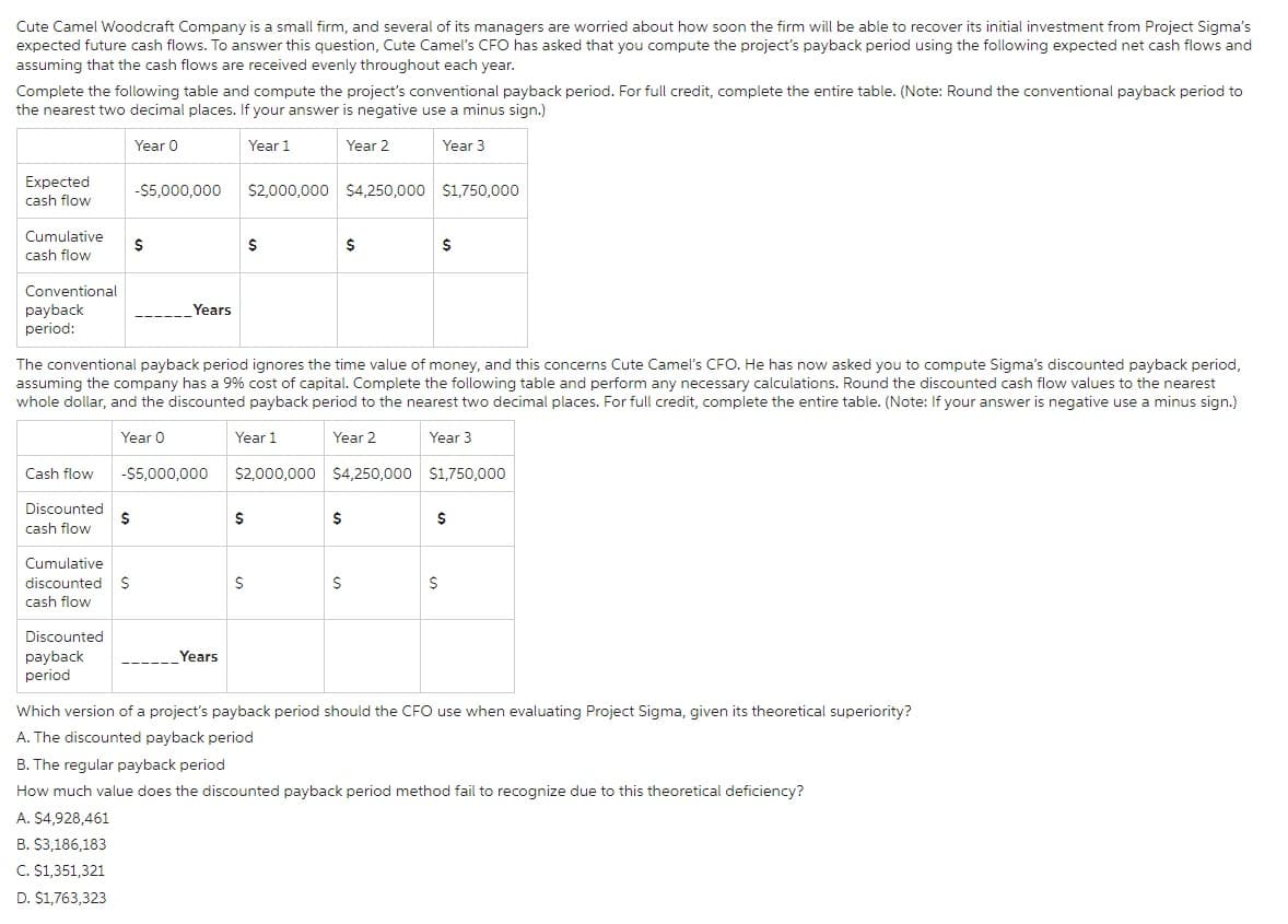 Cute Camel Woodcraft Company is a small firm, and several of its managers are worried about how soon the firm will be able to recover its initial investment from Project Sigma's
expected future cash flows. To answer this question, Cute Camel's CFO has asked that you compute the project's payback period using the following expected net cash flows and
assuming that the cash flows are received evenly throughout each year.
Complete the following table and compute the project's conventional payback period. For full credit, complete the entire table. (Note: Round the conventional payback period to
the nearest two decimal places. If your answer is negative use a minus sign.)
Year 0
Year 1
Year 2
Year 3
Expected
cash flow
Cumulative
cash flow
Conventional
payback
period:
Cash flow
Discounted
cash flow
$
Cumulative
discounted $
cash flow
Discounted
payback
period
-$5,000,000
$
Years
The conventional payback period ignores the time value of money, and this concerns Cute Camel's CFO. He has now asked you to compute Sigma's discounted payback period,
assuming the company has a 9% cost of capital. Complete the following table and perform any necessary calculations. Round the discounted cash flow values to the nearest
whole dollar, and the discounted payback period to the nearest two decimal places. For full credit, complete the entire table. (Note: If your answer is negative use a minus sign.)
Year 0
Year 1
Year 3
Year 2
$4,250,000
-$5,000,000
$1,750,000
Years
$2,000,000 $4,250,000 $1,750,000
$
$
$2,000,000
$
$
$
$
$
$
$
Which version of a project's payback period should the CFO use when evaluating Project Sigma, given its theoretical superiority?
A. The discounted payback period
B. The regular payback period
How much value does the discounted payback period method fail to recognize due to this theoretical deficiency?
A. $4,928,461
B. $3,186,183
C. $1,351,321
D. $1,763,323