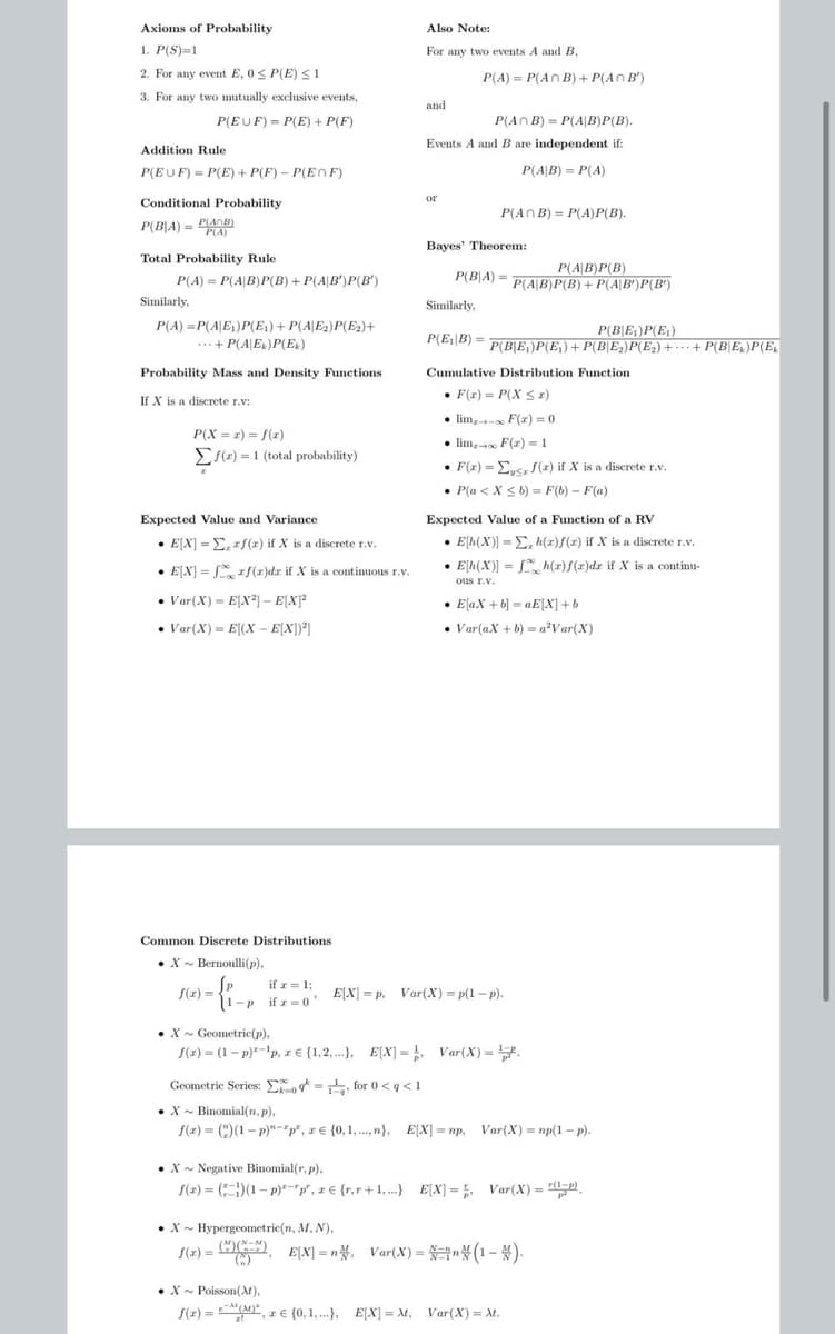 Axioms of Probability
Also Note:
1. P(S)=1
For any two events A and B,
2. For any event E, 0< P(E)S1
P(A) = P(AN B) + P(An B')
3. For any two mutually exclusive events,
and
P(EUF) = P(E) + P(F)
P(An B) = P(A|B)P(B).
Events A and B are independent if:
Addition Rule
P(EUF) = P(E) + P(F) - P(En F)
P(A|B) = P(A)
or
Conditional Probability
P(An B) = P(A)P(B).
P(B|A) = PANB
%3!
P(A)
Bayes' Theorem:
Total Probability Rule
P(A|B)P(B)
P(A) = P(A|B)P(B) + P(A|B')P(B')
P(B|A) =
P(A|B)P(B) + P(A|B')P(B')
Similarly.
Similarly,
P(A) =P(A|E)P(E) + P(A|E2)P(E2)+
P(B|E1)P(E)
P(Ei|B) =
...+ P(A|E)P(E)
P(B\E,)P(E,)+ P(B\E,)P(E») + ·…· + P(B\E4)P(E
Probability Mass and Density Functions
Cumulative Distribution Function
• F(r) = P(X Sz)
If X is a discrete r.v:
lim,- F(x) = 0
•
P(X = r) = f(r)
• lim,- F(r) = 1
Es(z) = 1 (total probability)
• F(r) = Eus S(z) if X is a discrete r.v.
• P(a <X sb) = F(b) – F(a)
Expected Value and Variance
Expected Value of a Function of a RV
• E[X] = E,rf(x) if X is a discrete r.v.
• E'h(X)) = E, h(z)f(z) if X is a discrete r.v.
• E[X] = [ rf(r)dr if X is a continuous r.v.
• E'h(X)] = * h(r)f(x)dr if X is a continu-
%3D
ous r.v
• Var(X) = E[X2] – E[X}²
• EļaX + b] = aE[X] +6
• Var(X) = E[(x - EX))")
• Var(aX +b) = a?Var(X)
Common Discrete Distributions
•X - Bernoulli(p).
if r = 1;
f(r) =
11-p if z=0
E[X] = p. Var(X) = p(1 – p).
• X- Geometric(p),
S(x) = (1- p)-'p, z€ {1,2,.), E[X] = Var(X) = .
Geometric Series: Eo -. for 0 <q<1
• X- Binomial(n, p),
S(r) = (")(1 – p)"-"p", r€ (0, 1,., n}, EX] = np, Var(X) = np(1 – p).
%3D
• X- Negative Binomial(r, p),
S(2) = ()(1- p)*-,z€ {r,r+1,.) E[X] = 5, Var(X) = ",
• X - Hypergeometric(n, M, N),
fa)=쁘, 티지] = "불, Var(X) 3극"북 (1-부).
• X- Poisson(AM),
S(1) = , z € {0, 1,.}, E[X] = tt, Var(X) = t.
A (M)"
