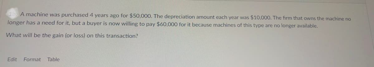 1b. A machine was purchased 4 years ago for $50,000. The depreciation amount each year was $10,000. The firm that owns the machine no
longer has a need for it, but a buyer is now willing to pay $60,000 for it because machines of this type are no longer available.
What will be the gain (or loss) on this transaction?
Edit
Format
Table
