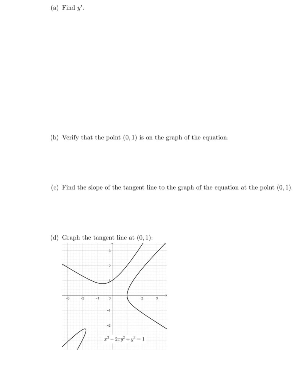 (a) Find y'.
(b) Verify that the point (0, 1) is on the graph of the equation.
(c) Find the slope of the tangent line to the graph of the equation at the point (0, 1).
(d) Graph the tangent line at (0, 1).
2
-3
-2
-1
-1
-2
p3 – 2ry + y³ =1
