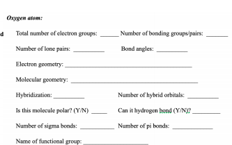 **Oxygen Atom:**

**d)**
- **Total number of electron groups:** ______  
- **Number of bonding groups/pairs:** ______

- **Number of lone pairs:** ______  
- **Bond angles:** ______

- **Electron geometry:** __________________________________

- **Molecular geometry:** __________________________________

- **Hybridization:** __________________________________

- **Number of hybrid orbitals:** ______

- **Is this molecule polar? (Y/N):** ______

- **Can it hydrogen bond? (Y/N):** ______

- **Number of sigma bonds:** ______

- **Number of pi bonds:** ______

- **Name of functional group:** __________________________________