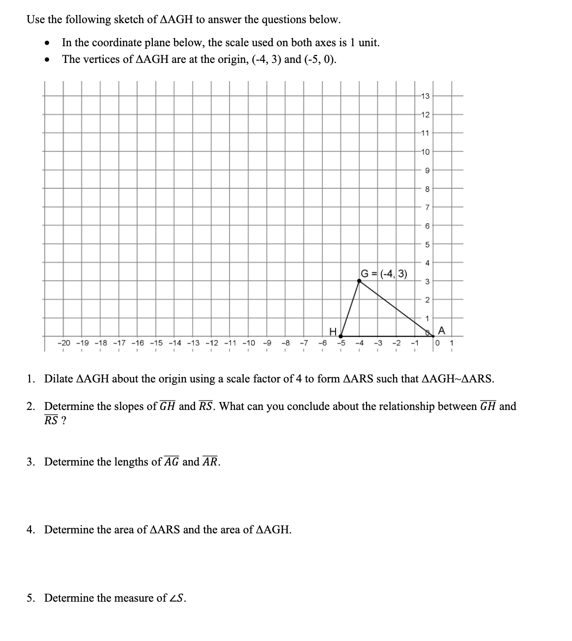 Use the following sketch of AAGH to answer the questions below.
In the coordinate plane below, the scale used on both axes is 1 unit.
The vertices of AAGH are at the origin, (-4, 3) and (-5, 0).
13
12
11
10
9
8
7
6
4
|G = (-4, 3)
3
2
1
A
-20 -19 -18 -17 -16 -15 -14 -13 -12 -11 -10
-9
-8
-7
-6
-5
-4
-3
-2
-1
1
1. Dilate AAGH about the origin using a scale factor of 4 to form AARS such that AAGH~AARS.
2. Determine the slopes of GH and RS. What can you conclude about the relationship between GH and
RS ?
3. Determine the lengths of AG and AR.
4. Determine the area of AARS and the area of AAGH.
5. Determine the measure of ZS.
