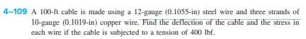 4-109 A 100-ft cable is made using a 12-gauge (0.1055-in) steel wire and three strands of
10-gauge (0.1019-in) copper wire. Find the deflection of the cable and the stress in
each wire if the cable is subjected to a tension of 400 lbf.