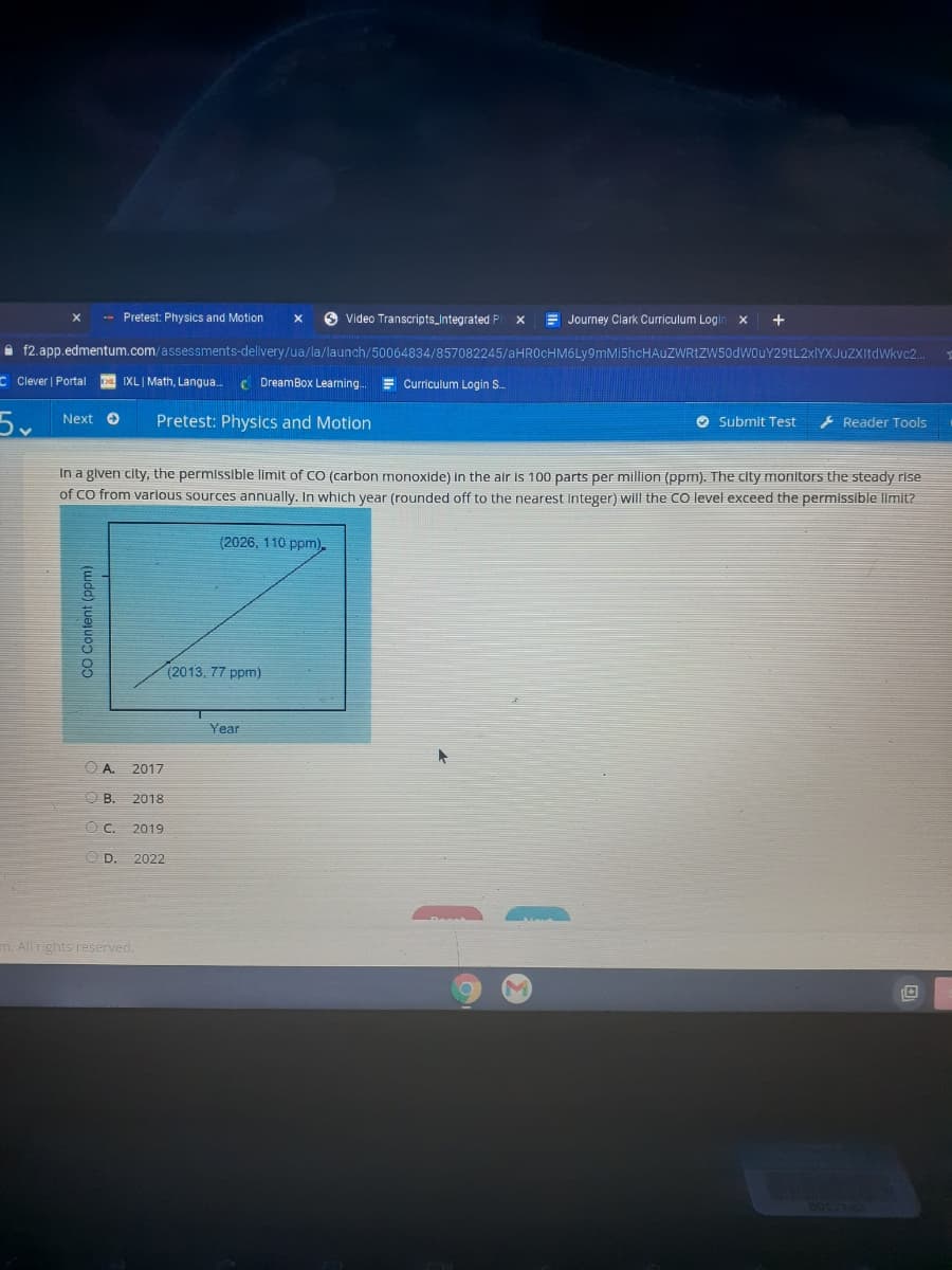 -- Pretest: Physics and Motion
O Video Transcripts_Integrated P
E Journey Clark Curriculum Logi
a f2.app.edmentum.com/assessments-delivery/ua/la/launch/50064834/857082245/aHR0cHM6Ly9mMI5hcHAuZWRtZW50dwouY29tL2xİYXJuZXIitdwkvc2.
C Clever | Portal
IXLI Math, Langua.
DreamBox Learning.
E Curriculum Login S.
Next O
Pretest: Physics and Motion
O Submit Test
- Reader Tools
In a glven city, the permissible limit of CO (carbon monoxide) In the air is 100 parts per million (ppm). The city monitors the steady rise
of CO from various sources annually. In which year (rounded off to the nearest Integer) will the CO level exceed the permissible limit?
(2026, 110 ppm).
(2013, 77 ppm)
Year
A.
2017
O B. 2018
2019
O D. 2022
m. All rights reserved.
co Content (ppm)
