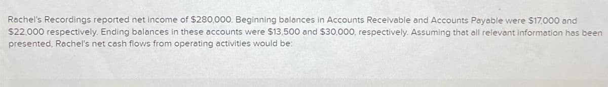 Rachel's Recordings reported net income of $280,000. Beginning balances in Accounts Receivable and Accounts Payable were $17,000 and
$22,000 respectively. Ending balances in these accounts were $13,500 and $30,000, respectively. Assuming that all relevant information has been
presented, Rachel's net cash flows from operating activities would be: