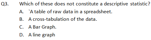 Q3.
Which of these does not constitute a descriptive statistic?
A. 'A table of raw data in a spreadsheet.
B. A cross-tabulation of the data.
C. A Bar Graph.
D. A line graph
