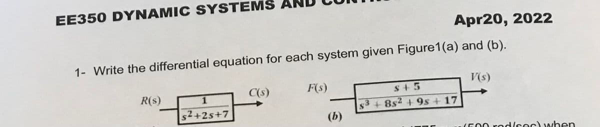 EE350 DYNAMIC SYSTEMS
Apr20, 2022
1- Write the differential equation for each system given Figure1(a) and (b).
C(s)
F(s)
V(s)
S+ 5
+ 8s2 + 9s + 17
R(s)
s²+2s+7
(b)
(500 rodIsec) when
