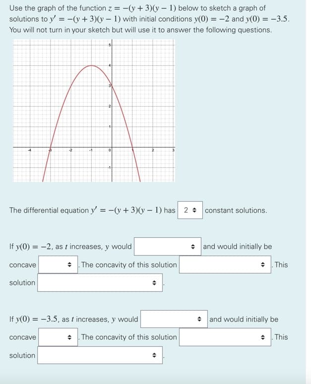 Use the graph of the function z = -(y + 3)(y – 1) below to sketch a graph of
solutions to y' = -(y + 3)(y – 1) with initial conditions y(0) = -2 and y(0) = -3.5.
You will not turn in your sketch but will use it to answer the following questions.
-2
--1
The differential equation y' = -(y + 3)(y – 1) has 2 constant solutions.
If y(0) = -2, as t increases, y would
+ and would initially be
• The concavity of this solution
+ . This
concave
solution
If y(0) = -3.5, as t increases, y would
+ and would initially be
• . The concavity of this solution
+ . This
concave
solution
