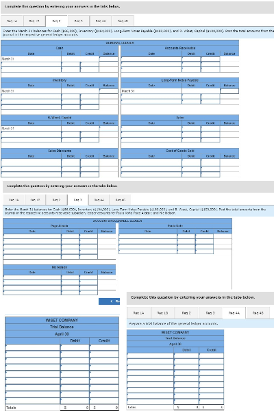 complete the qudas by maling your answers in the tabs below.
May 14
May 2
the March 21 bare for Cach (2000), ntary (164,000), Long-Term Ne Payable (2000), and 2. vie, Capital (200,200), the total from the
jolive grans bags and
March 21
La
Tuin
Tota
Cash
KW
Invertory
Sic
LMT
Bay>
T
Mic
Twi
complete the questions by eating your in the tabs beka
WISET COMPANY
Trial ince
April 30
Linct
5
nahit
BAJ
Devi Adme
www
D
Bay
ܐܘ ܟܬܐܐ
5
wkwy
HALLELK
Crac
Mach 54
FPC
de Monk 31 balores for Ch 0584.000), Inventory (5354/0001 Lev Toms Sabes Poble 15180.005 end 8 Wort Centol 5000 Foot the othe
mal in the rective ecounts reveal subderver counts for Tokoh Poceo and Hic Hebr.
MODELL
Acants Rece
Lang-Term Notes P
PFI
Tew:
Cast of Goods Sele
De:
PORN
FP
Dal
C
15
were at tabe of the procal lecker wants.
SET COMPANY
Ilease
Ap
Compctct qucation by entering your answers in the tabo below.
Tes 3
Lac
Kala
CATE
Fa
D
44
27 KU