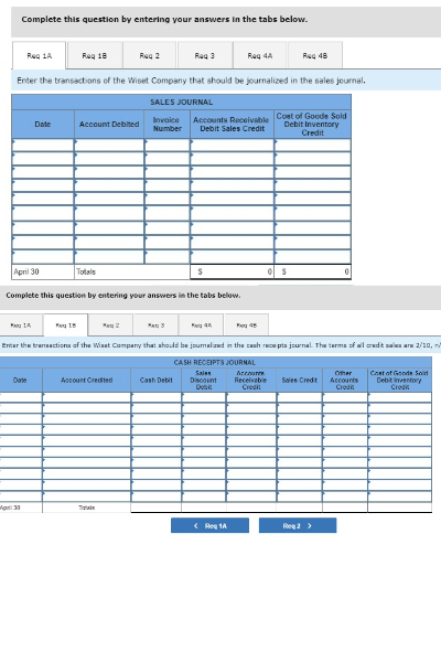 Complete this question by entering your answers in the tabs below.
Reg 1A
MA LA
31
Reg 18
Date
Date
Enter the transactions of the Wiset Company that should be journalized in the sales journal.
SALES JOURNAL
Invoice
Number
Reg 2
Account Debited
April 30
Complete this question by entering your answers in the tabs below.
Totals
Account Credited
Reg 3
Met 3
Key 15
Enter the transactions of the Wisst Company that should be journalized in the cash receipts journal. The terms of all credit sales are 2/10, r/
CASH RECEIPTS JOURNAL
Cash Debit
Accounts Receivable
Debit Sales Credit
Reg 4A
S
KA 45
<Reg 1A
Rea 48
Salee
Account
Discount Receivable
Credit
Cost of Goods Sold
Debit Inventory
Credit
Sales Credit
Reg 2 >
Other
Accounts
Credit
Caet of Goode Soid
Debit inventory
Credit