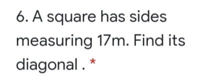 6. A square has sides
measuring 17m. Find its
diagonal . *
