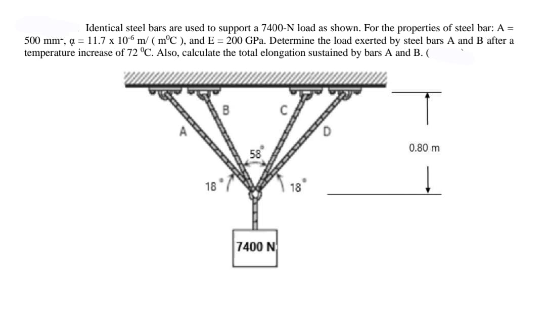 Identical steel bars are used to support a 7400-N load as shown. For the properties of steel bar: A =
500 mm, a = 11.7 x 106 m/ ( mºC ), and E = 200 GPa. Determine the load exerted by steel bars A and B after a
temperature increase of 72 °C. Also, calculate the total elongation sustained by bars A and B. (
0.80 m
58
18
7400 N
18