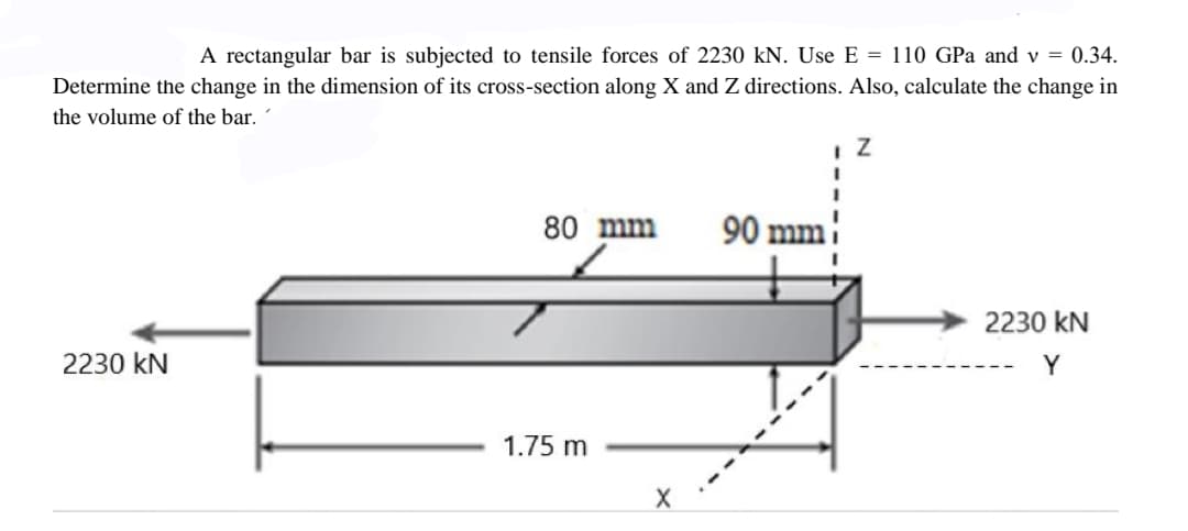 A rectangular bar is subjected to tensile forces of 2230 kN. Use E = 110 GPa and v = 0.34.
Determine the change in the dimension of its cross-section along X and Z directions. Also, calculate the change in
the volume of the bar.
Z
80 mm
90 mm
2230 KN
Y
2230 KN
1.75 m
X
I