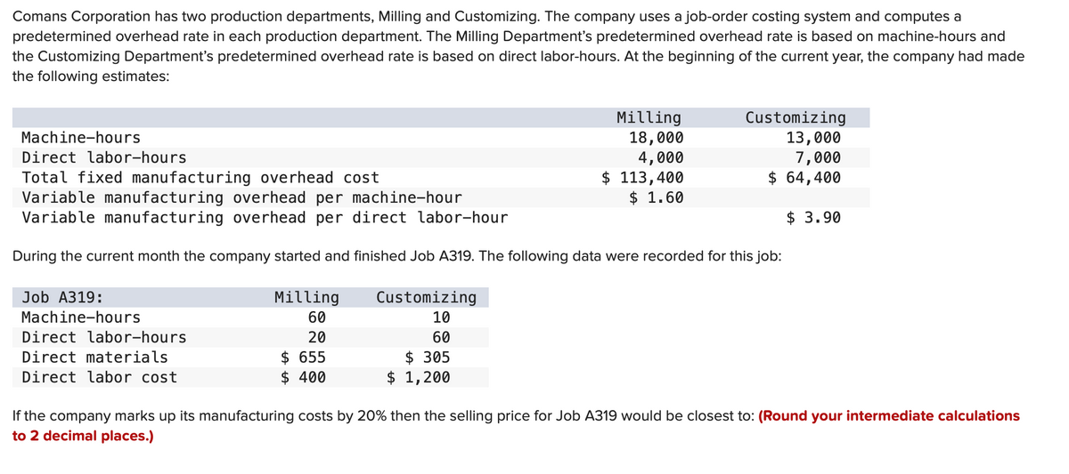 Comans Corporation has two production departments, Milling and Customizing. The company uses a job-order costing system and computes a
predetermined overhead rate in each production department. The Milling Department's predetermined overhead rate is based on machine-hours and
the Customizing Department's predetermined overhead rate is based on direct labor-hours. At the beginning of the current year, the company had made
the following estimates:
Machine-hours
Direct labor-hours
Total fixed manufacturing overhead cost
Job A319:
Machine-hours
Variable manufacturing overhead per machine-hour
Variable manufacturing overhead per direct labor-hour
During the current month the company started and finished Job A319. The following data were recorded for this job:
Direct labor-hours
Direct materials
Direct labor cost
Milling
60
20
$ 655
$ 400
Milling
18,000
4,000
$ 113,400
$ 1.60
Customizing
10
60
$ 305
$ 1,200
Customizing
13,000
7,000
$ 64,400
$ 3.90
If the company marks up its manufacturing costs by 20% then the selling price for Job A319 would be closest to: (Round your intermediate calculations
to 2 decimal places.)