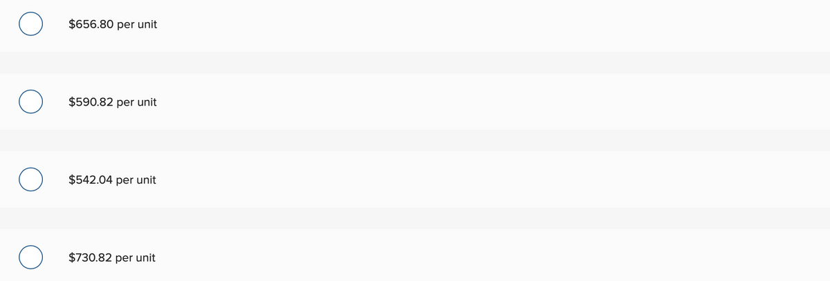 O
$656.80 per unit
$590.82 per unit
$542.04 per unit
$730.82 per unit