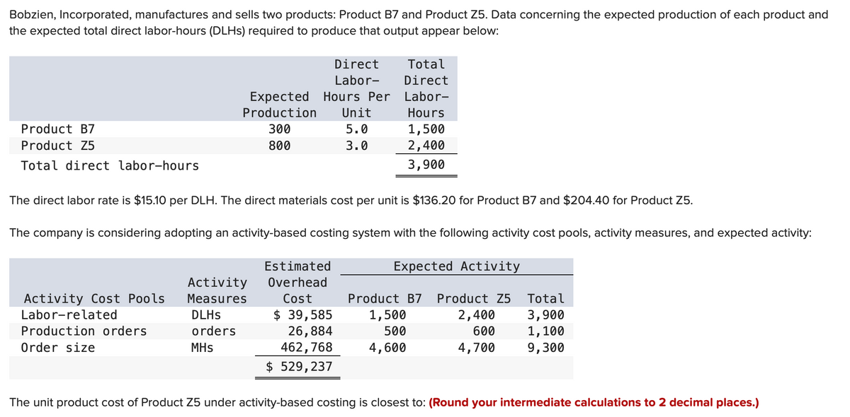 Bobzien, Incorporated, manufactures and sells two products: Product B7 and Product Z5. Data concerning the expected production of each product and
the expected total direct labor-hours (DLHs) required to produce that output appear below:
Product B7
Product Z5
Total direct labor-hours
Expected
Production
300
800
Activity Cost Pools
Labor-related
Production orders
Order size
Direct
Labor-
Hours Per
Activity
Measures
DLHs
orders
MHs
The direct labor rate is $15.10 per DLH. The direct materials cost per unit is $136.20 for Product B7 and $204.40 for Product Z5.
The company is considering adopting an activity-based costing system with the following activity cost pools, activity measures, and expected activity:
Expected Activity
Estimated
Overhead
Cost
Unit
5.0
3.0
$ 39,585
26,884
462, 768
$ 529,237
Total
Direct
Labor-
Hours
1,500
2,400
3,900
Product B7 Product Z5
1,500
2,400
500
600
4,600
4,700
Total
3,900
1,100
9,300
The unit product cost of Product Z5 under activity-based costing is closest to: (Round your intermediate calculations to 2 decimal places.)