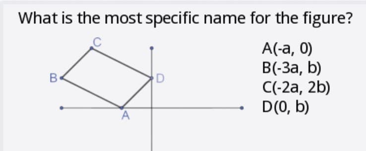 What is the most specific name for the figure?
A(-a, 0)
B(-3a, b)
C(-2a, 2b)
D(0, b)
B
A
D