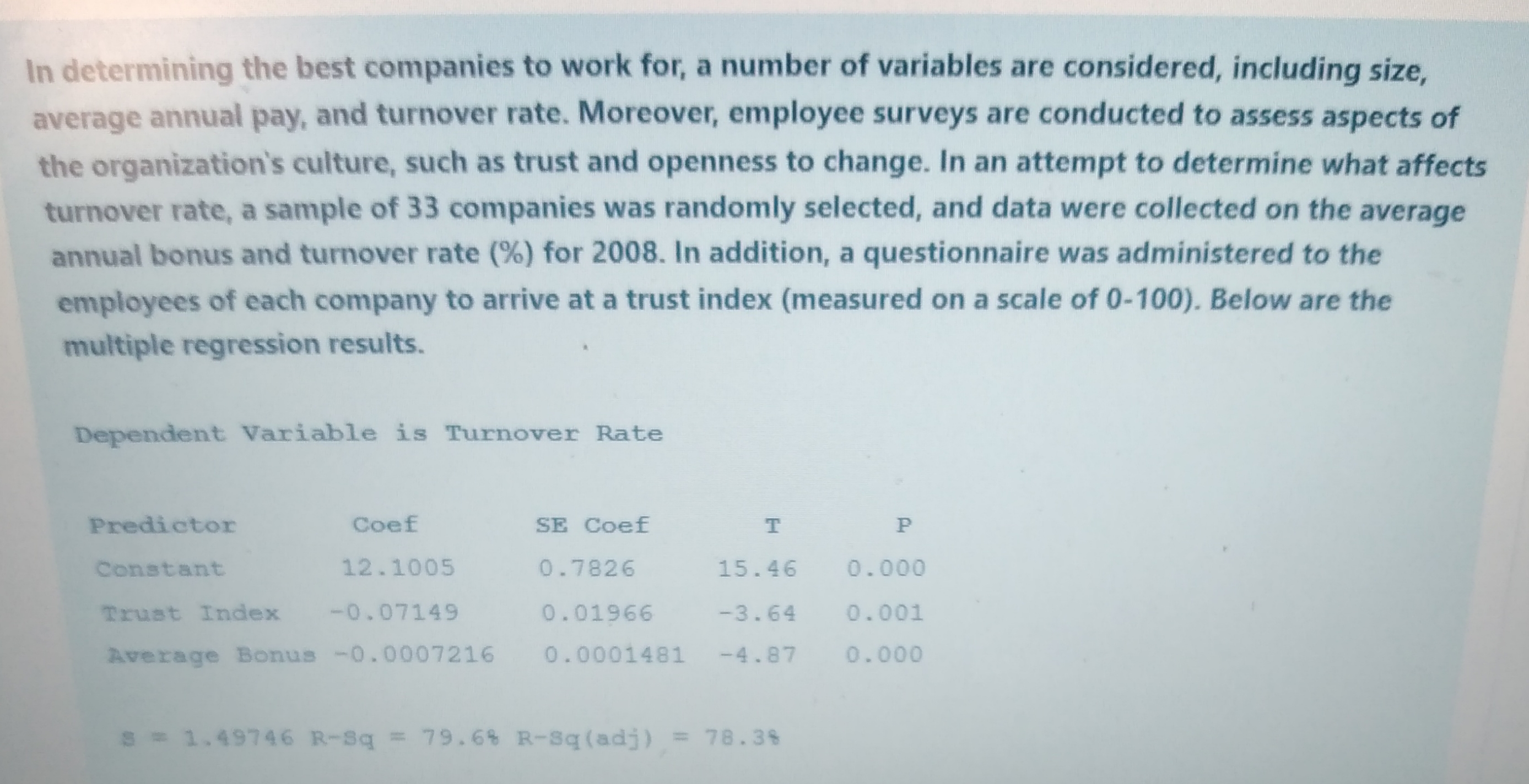 In determining the best companies to work for, a number of variables are considered, including size,
average annual pay, and turnover rate. Moreover, employee surveys are conducted to assess aspects of
the organization's culture, such as trust and openness to change. In an attempt to determine what affects
turnover rate, a sample of 33 companies was randomly selected, and data were collected on the average
annual bonus and turnover rate (%) for 2008. In addition, a questionnaire was administered to the
employees of each company to arrive at a trust index (measured on a scale of 0-100). Below are the
multiple regression results.
Dependent Variable is Turnover Rate
Predictor
Coef
SE Coef
Constant
12.1005
0.7826
15.46
0.000
Trust Index
-0.07149
0.01966
-3.64
0.001
Average Bonus -0.0007216
0.0001481
-4.87
0.000
S= 1.49746 R-Sq = 79.6% R-Sq (adj) = 78.3%
