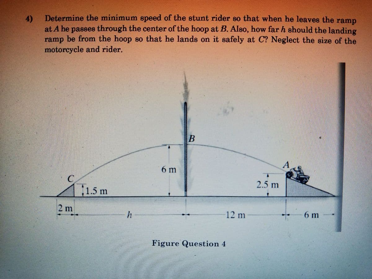 Determine the minimum speed of the stunt rider so that when he leaves the ramp
4)
at A he passes through the center of the hoop at B. AIso, how far h should the landing
ramp be from the hoop so that he lands on it safely at C? Neglect the size of the
motorcycle and rider.
A
6m
2.5 m
1.5 m
2 m
12 m
6m
h
Figure Question 4
