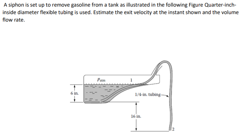 A siphon is set up to remove gasoline from a tank as illustrated in the following Figure Quarter-inch-
inside diameter flexible tubing is used. Estimate the exit velocity at the instant shown and the volume
flow rate.
Patm
6 in.
1/4-in. tubing-
16 in.
2.
