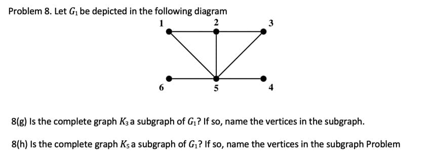 Problem 8. Let G, be depicted in the following diagram
1
2
3
5
8(g) Is the complete graph K3 a subgraph of G1? If so, name the vertices in the subgraph.
8(h) Is the complete graph K5 a subgraph of G,? If so, name the vertices in the subgraph Problem
