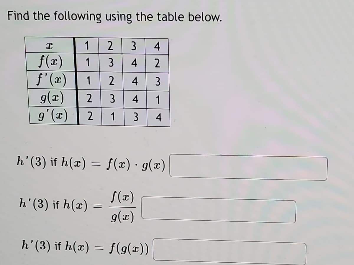 Find the following using the table below.
1
3
f(x)
f' (x)
23 4
1
3
4
1
2
4
g(x)
9'(x)
1
2
3
4
h' (3) if h(x)
= f(x) · g(x)
f(x)
h’ (3) if h(æ)
(x)6
h'(3) if h(x) = f(9(x))
4 23
