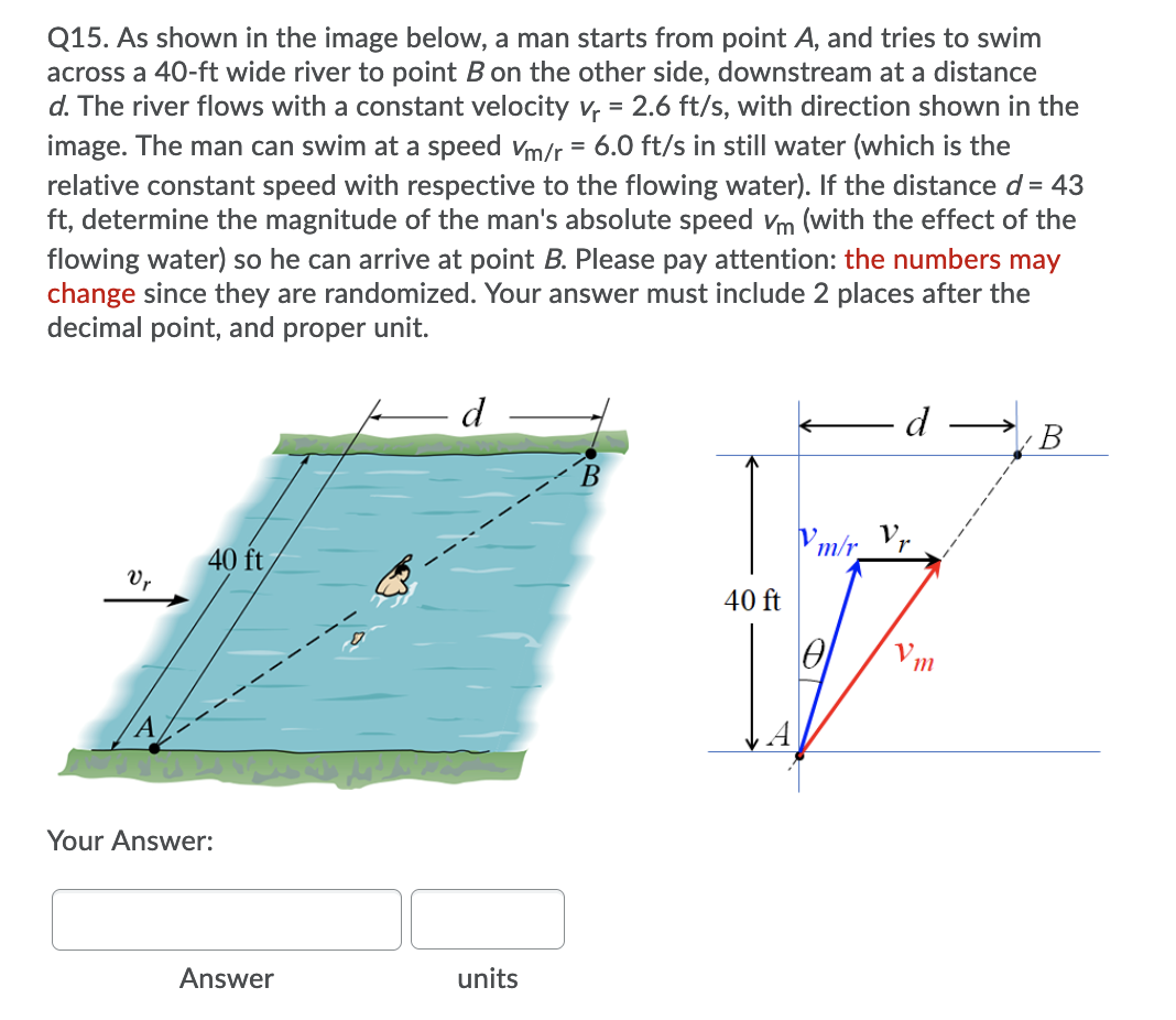 Q15. As shown in the image below, a man starts from point A, and tries to swim
across a 40-ft wide river to point B on the other side, downstream at a distance
d. The river flows with a constant velocity v, = 2.6 ft/s, with direction shown in the
image. The man can swim at a speed vm/r = 6.0 ft/s in still water (which is the
relative constant speed with respective to the flowing water). If the distance d = 43
ft, determine the magnitude of the man's absolute speed vm (with the effect of the
flowing water) so he can arrive at point B. Please pay attention: the numbers may
change since they are randomized. Your answer must include 2 places after the
decimal point, and proper unit.
d
d
B
Vm/r Vr
40 ft
Vr
40 ft
Vm
A
Your Answer:
Answer
units
